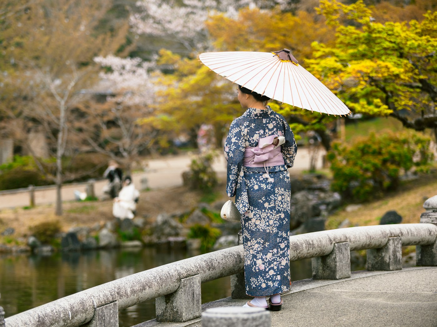 Woman in kimono seen from behind under a paper parasol on a stone bridge in a Japanese garden