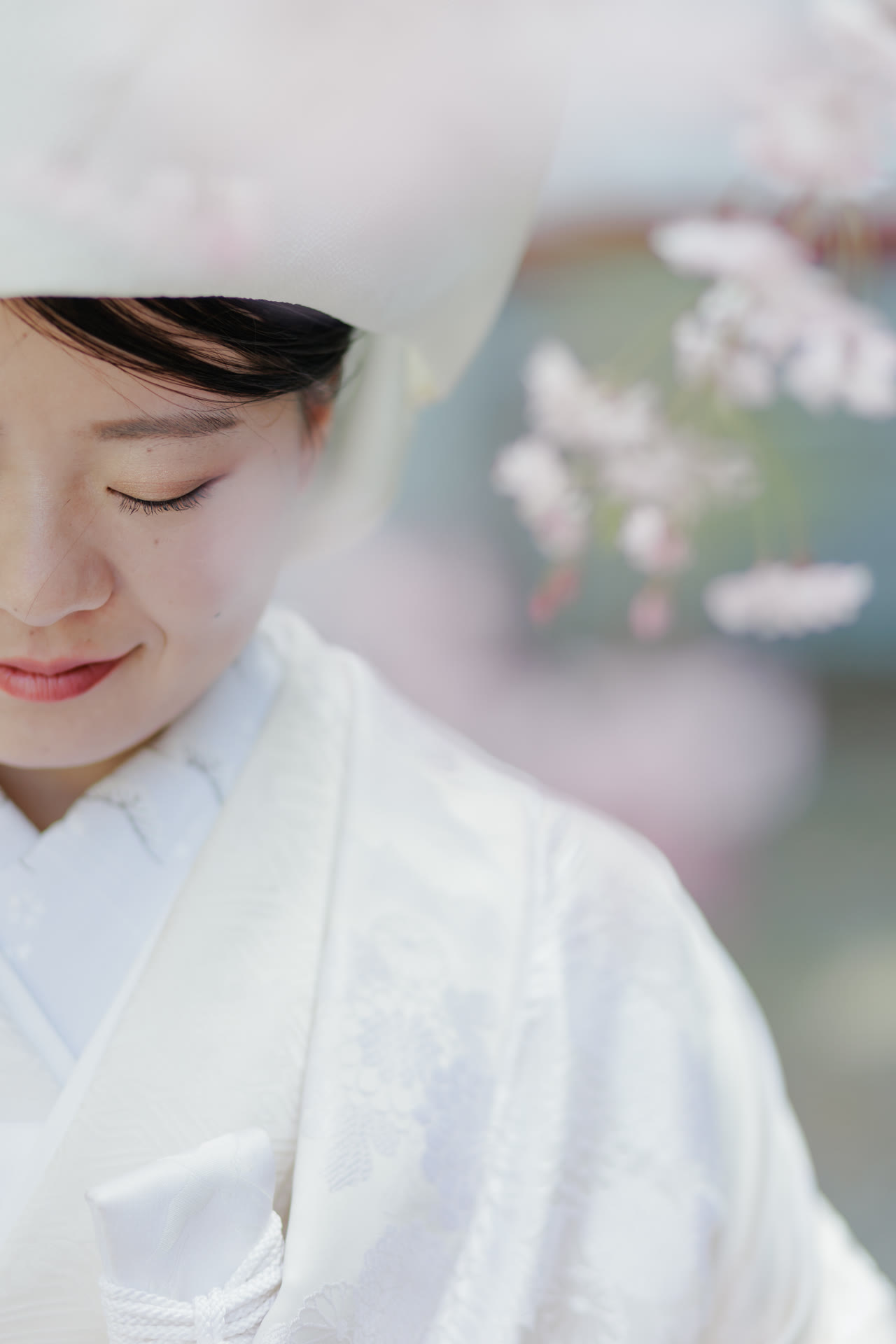 Soft-focus portrait of a bride in white kimono among cherry blossom
