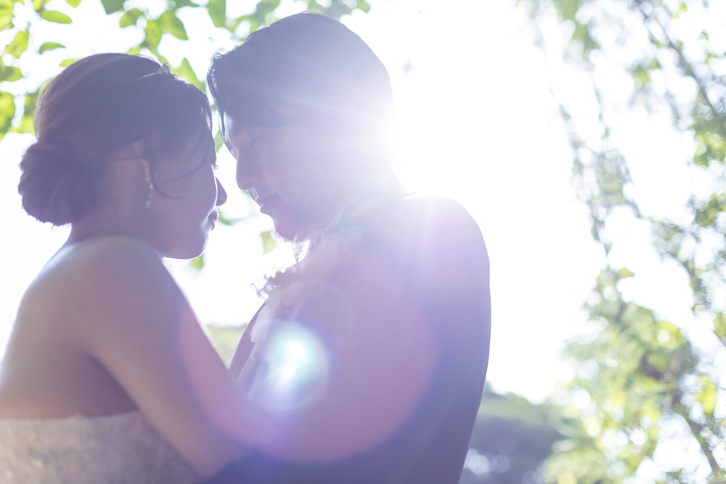 Couple lit from behind by sunlight through subtropical trees in Okinawa