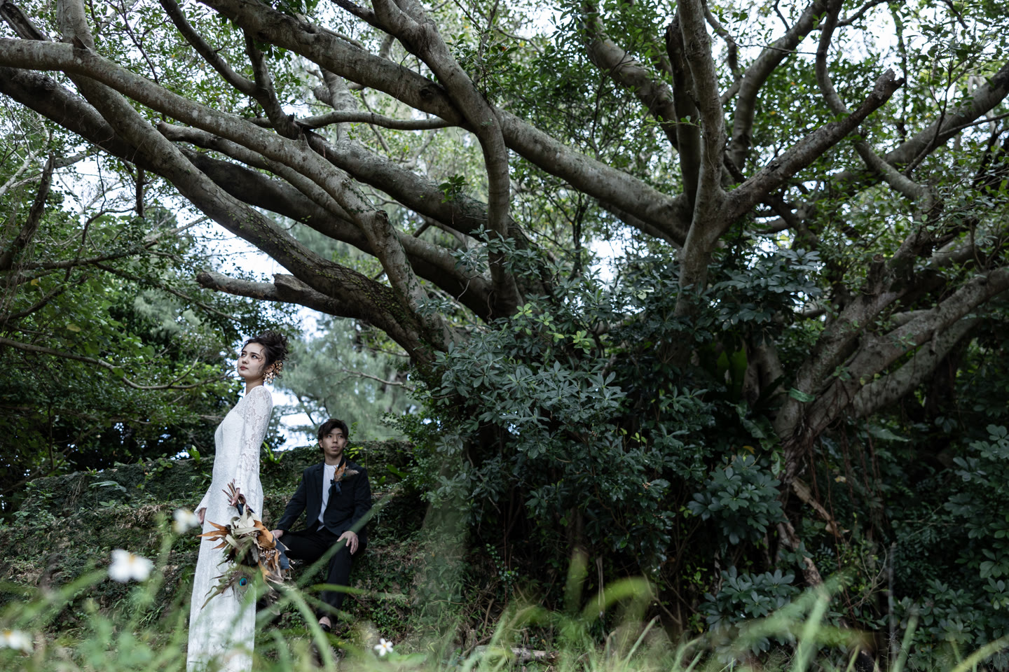 Bride in a white dress beneath a spreading banyan tree in Okinawa