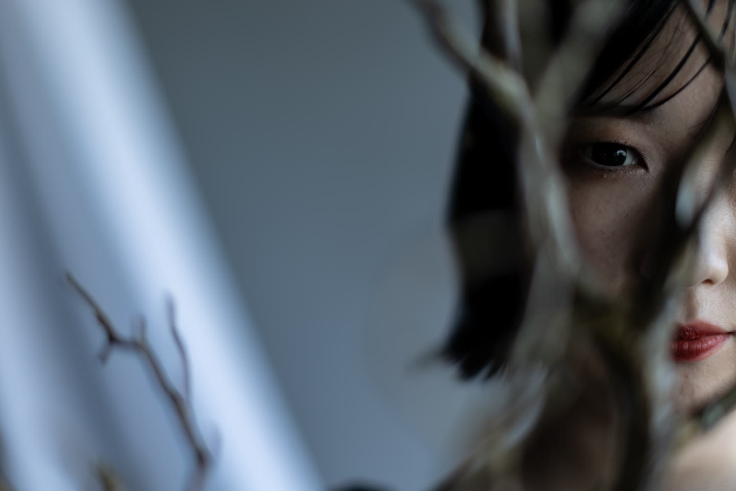 Bride's face framed by out-of-focus branches