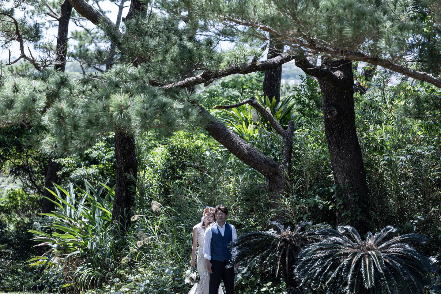 Couple walking through subtropical woodland in Okinawa