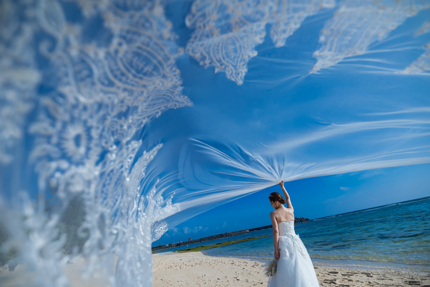 View through a bridal veil to the Okinawa sea